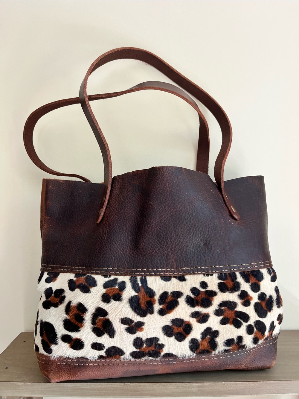 Hawks & Dove Brown Leather Tote with Leopard Haircalf Accent